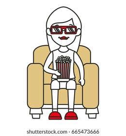 woman on sofa eating pop corn