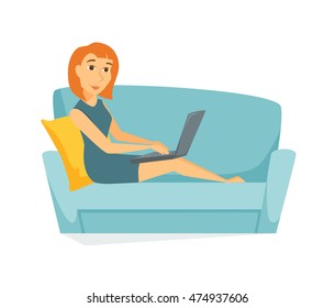 Woman on the sofa with laptop. Business people work at home. Young girl buys online store using a computer. Girl sitting and learn on line. Leisure. Mother relax on couch
