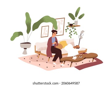 Woman On Sofa With Mobile Phone In Living Room. Person Use Smartphone And Social Media, Sitting On Couch At Coffee Table At Cozy Modern Home. Flat Vector Illustration Isolated On White Background