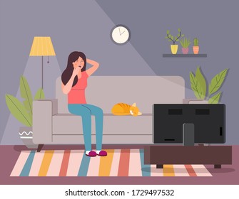 Woman On Sofa Yawning Watching Tv Stock Vector (royalty Free 