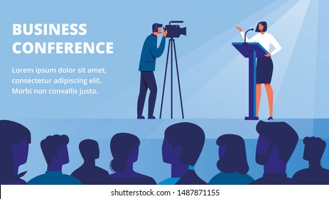 Woman on Stage in front Audience Conducts Business Training. Business Conference. Vector Illustration. Woman Holds Lecture. Standing in front Audience. Stand on Stage in front People. Live Broadcast.