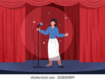 Woman on stage. Young girl with microphone in front of red curtain. Public speaking and famous personality. Comedian and stand uper.