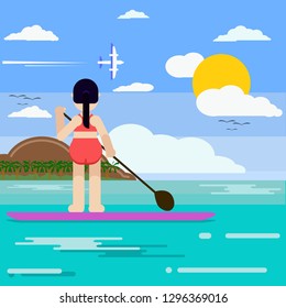 Woman on the Stand Up Paddle Board. Girl in Swimsuit on SUP in sea. Vector illustration