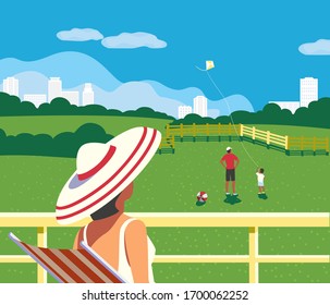 Woman on staycation at home balcony in city house flat vector. Staying home vacation enjoy cartoon illustration. Family social distancing leisure activity in town house backyard. Leisure time in town