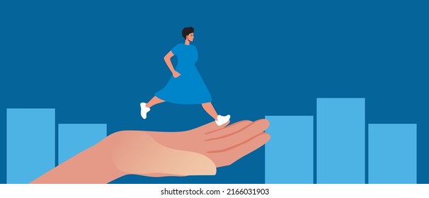 Woman On Stock Market And Exchange In Conditions Of Uncertainty. Support Hand As Symbol Of Social Protection. Flat Vector Stock Illustration. Graph, Infographic, Or Economic Chart