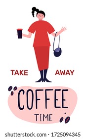Woman on the street drinking morning coffee.Take away coffee. Coffee on the go