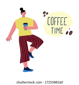 Woman on the street drinking morning coffee.Take away coffee. Coffee on the go