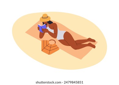 Mujer en la playa de verano. Mujer con sombrero, leyendo un libro mientras toma el sol, relajándose en las vacaciones. Chica descansando en vacaciones, acostada en una toalla, tapete. Ilustración vectorial plana aislada sobre fondo blanco