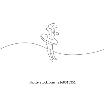 Woman on summer vacation in line art drawing style. Composition of a person on holidays. Black linear sketch isolated on white background. Vector illustration design.