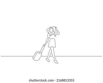 Woman on summer vacation in line art drawing style. Composition of a person on holidays. Black linear sketch isolated on white background. Vector illustration design.