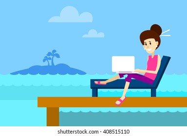 Woman On Sunbed Using Laptop. Flat Vector Illustration