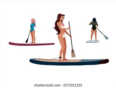 Mujer a bordo, concepto de submarinismo. Colecciones de surfistas de Sup.Ilustración vectorial plana de dibujos animados aislada del fondo.