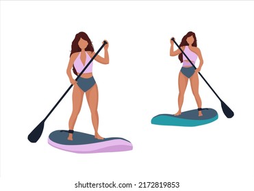 Woman on sup board, sup boarding concept. Sup surfers collections. Cartoon flat vector illustration isolated from background.