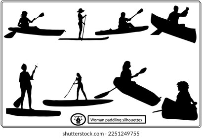 Woman on sup board, sup boarding concept silhouettes