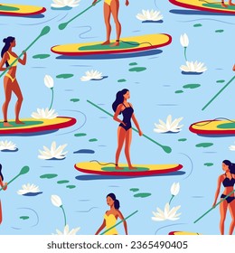 Woman on a SUP board on the lake among water lily flowers SUP boarding sports summer seamless vector pattern in a flat cartoon style