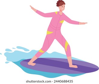 Woman on surf board. Extreme water sport character isolated on white background