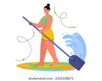 Woman on surfboard with paddle concept. Active lifestyle and extreme sports. Holidays in tropical and exotic countries. Paradise and island leisure. Cartoon flat vector illustration