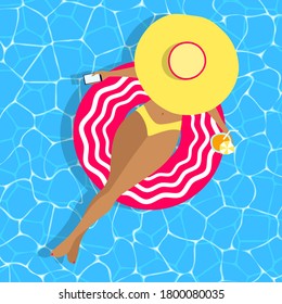 Woman on swimming rubber ring vector concept. Top view Tanned girl with phone, hat, drink, bikini swimsuit on blue wave water background. Relaxing, remote working character at summer sea, beach, pool