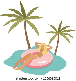 Woman on swimming rubber ring vector concept. tanned girl, bikini swimsuit on a blue water wave background. Relaxing, remote working at summer sea, beach, pool. Best summer. Vacation, rest. pool