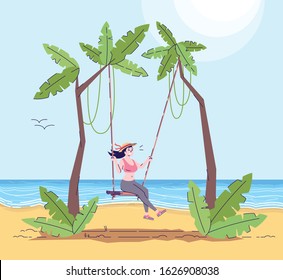 Woman on swing flat doodle illustration. Female tourist on beach. Girl having fun on seashore. Vacation in exotic country. Indonesia tourism 2D cartoon character with outline for commercial use