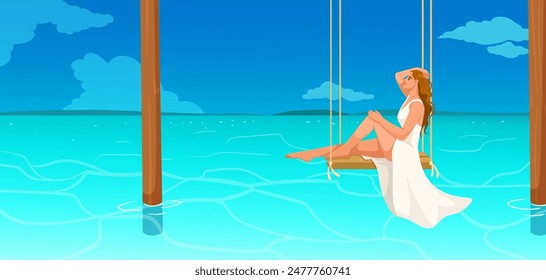 Woman on a swing over turquoise water, flat graphic style, blue and clear background. Concept of relaxation. Vector illustration