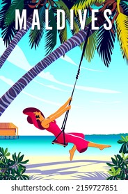 Woman On A Swing On Vacation On A Tropical Beach. Maldives Islands Vintage Poster. Handmade Drawing Vector Illustration.