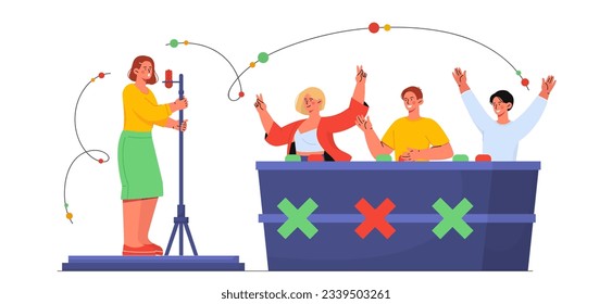 Woman on talent show concept. Young girl with microphone sing. Judges evaluate contestant on TV show. Television and entertainment content. Poster or banner. Cartoon flat vector illustration