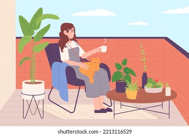 Woman on terrace. Alone girl relax on home terrace or balcone with house garden plant and cat, hygge rest at hotel verand, women enjoy beautiful green nature vector illustration of relax and rest