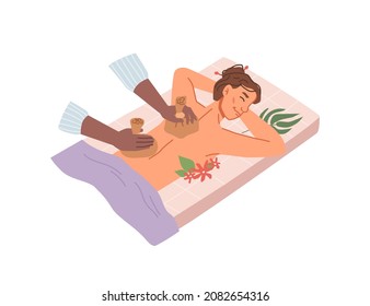 Woman on Thai massage, SPA pouches and Hawaiian hibiscus flat cartoon. Vector cloth bags with salt or herbs for massaging procedure. Young girl in salon, anti stress relaxation, masseuse hands