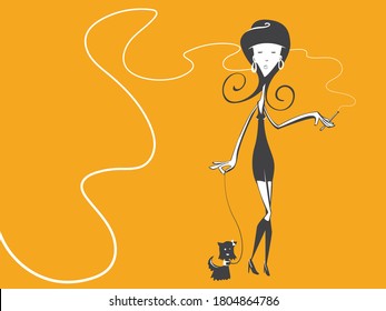 woman on tight dress walk on the street with small dog and smoke cigarette. simple design fashion poster.