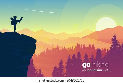 Woman on top of a mountain looking at a map. Travel concept of discovering, exploring, observing nature. Hiking tourism. Adventure. Vector polygonal landscape illustration. Minimalist flat design. 