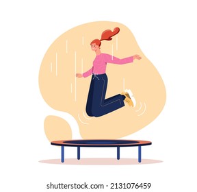 Woman on trampoline. Young girl jumping, doing sports and acrobatics. Athlete, cardio training, active lifestyle and fun. Sportswoman indoor, fat burning, fitness. Cartoon flat vector illustration
