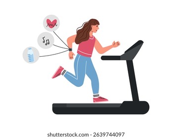 Woman on a treadmill with a fitness bracelet. Vector illustration of the concept of doing sports, losing weight. Woman runs on a treadmill
