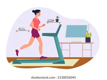 Woman on treadmill at home. Weight loss and fat burning. Take care of health and body. Jogging and preparation for competitions in winter. Sportswoman, athlete. Cartoon flat vector illustration