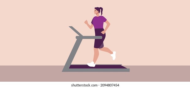 Woman on a treadmill, runner. Flat vector stock illustration. Person's sport and activity. trainer treadmill. Athlete jogging. Young athletic woman. Vector graphics