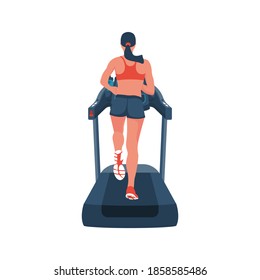 Woman on treadmill. Running simulator. Gym tool. Running woman. Time to run. Vector illustration flat design. Isolated on white background. Young attractive girl. Sports and fitness. Active lifestyle.