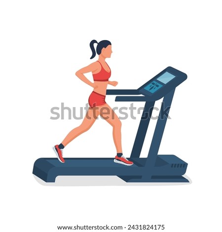 Woman on treadmill. Running simulator. Gym tool. Running woman. Time to run. Vector illustration flat design. Isolated on white background. Young attractive girl. Sports and fitness. Active lifestyle.