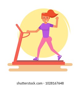Woman on treadmill. Vector. Cartoon. Isolated art