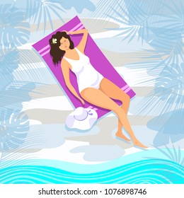 The woman on the tropical beach.Relax.Summer background.Vector illustration. 