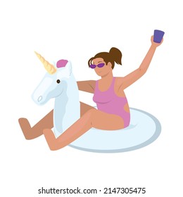 mujer con un unicornio flotando sobre blanco