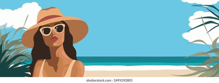 Woman on vacation on the beach. Girl with glasses and hat. Banner with place for text, party, vacation and travel. Background on the theme of seasonal holidays, weekends. Vector horizontal banner