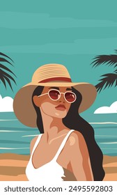 Mujer de vacaciones en la playa. Hora de verano. Turismo. Anuncio con lugar para texto, fiesta, vacaciones y viajes. Antecedentes sobre el tema de las vacaciones de temporada, fines de semana. Ilustración vectorial para carteles