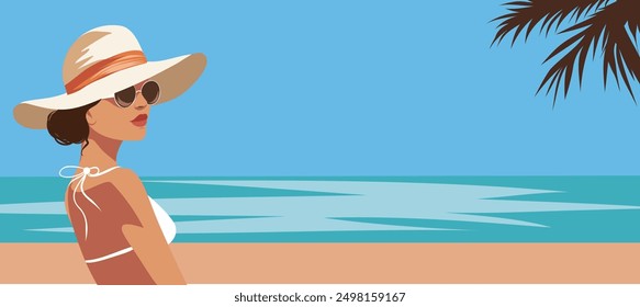 Woman on vacation on the beach in summer. Tourism. Tropics. Place for text. Vector banner for advertising with place for text