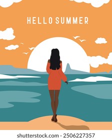 Woman on vacation on the beach. Summer time. A girl on vacation walks along the beach, viewed from the back. Banner with place for text Hello summer. Vector bright template illustration for posters