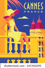 Mujer de vacaciones en Cannes. Afiche de época. Ilustración vectorial de dibujo hecha a mano.