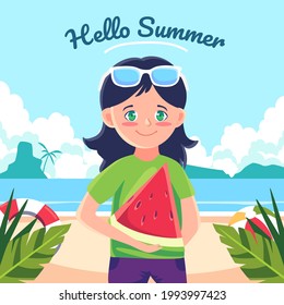 A woman on vacation comes to the beach for a swim and she carries watermelons to eat at the beach. The view behind her is beautiful mountain and clouds. There are balls and swimming rings on the beach