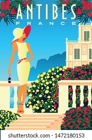 Woman On Vacation On French Riviera Coast. Vintage Poster. Handmade Drawing Vector Illustration. Art Deco Style.