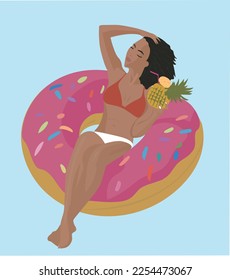 Woman on vacation lying with a float in a pool. concept: vacation, relaxation, disconnection