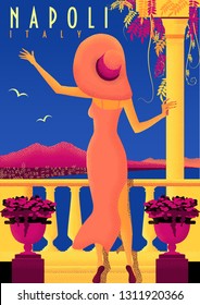 Woman on vacation on Neapolitan coast. Vintage poster. Handmade drawing vector illustration. Art Deco style with grunge effect. 