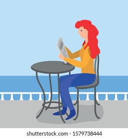 A woman on vacation, reading a newspaper